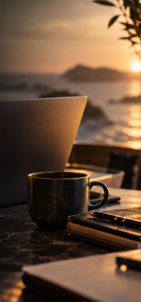 A laptop, a black coffee cup and a notebook on a desk at sunset, overlooking the sea